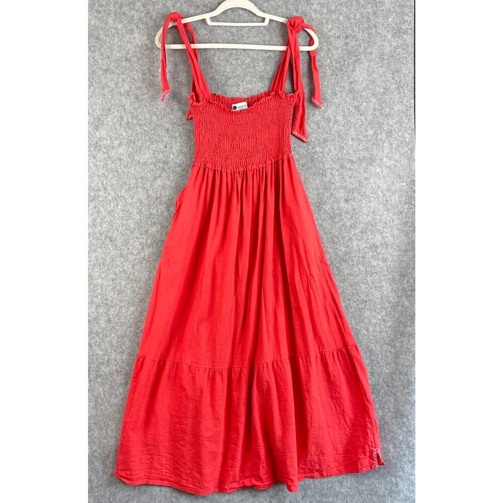 Caryn Lawn Tiered Maxi Dress Womens S/M Coral Red Smocked Linen Blend Coastal